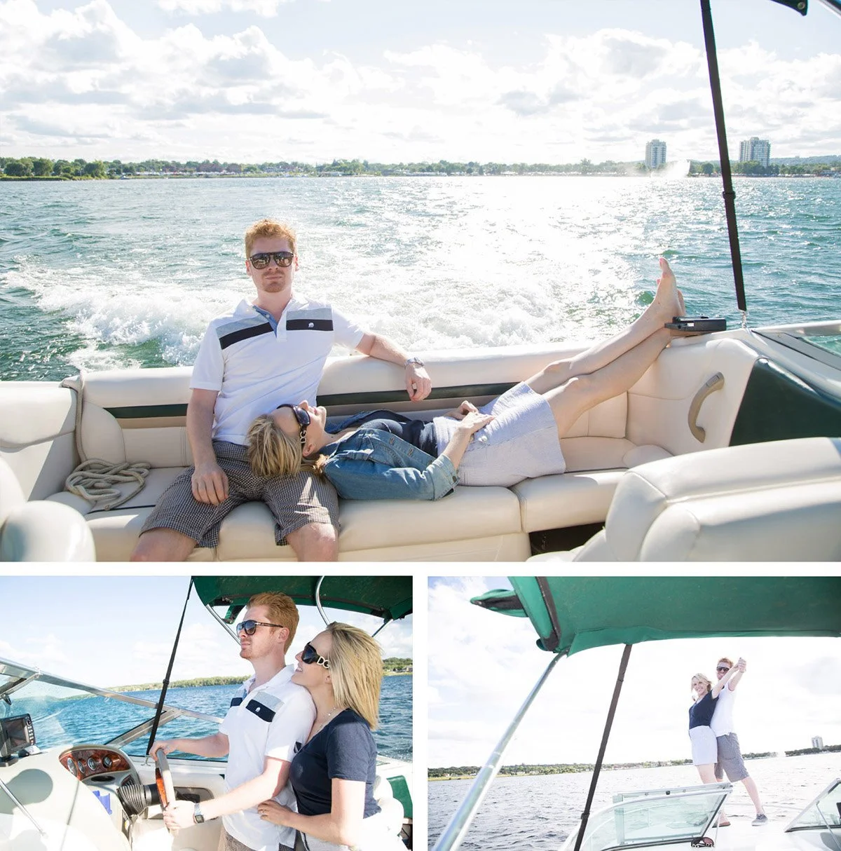 People enjoying a boat ride on a sunny day, with two women and one man on a boat as they take selfies and relax on the water.