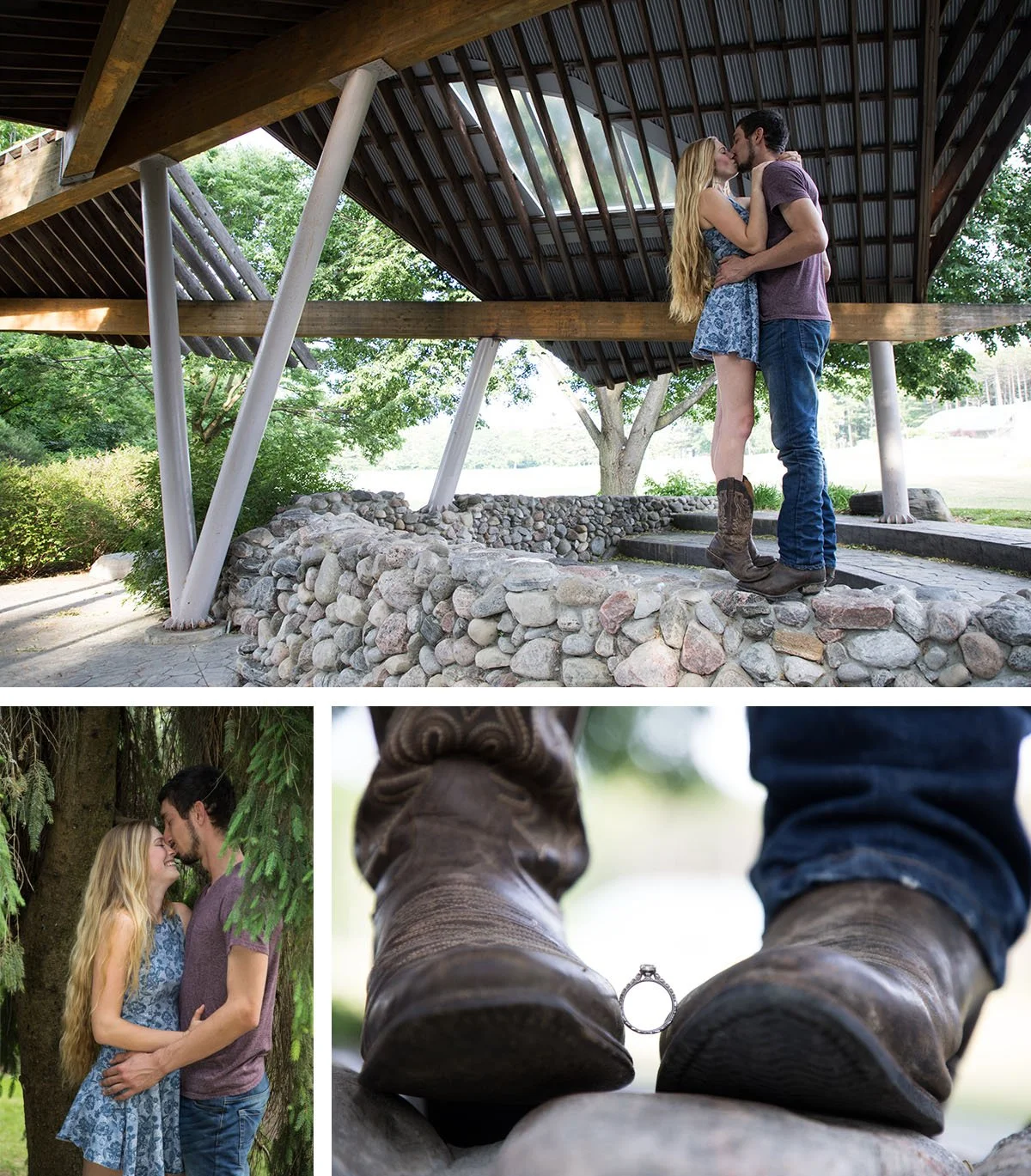 A couple sharing a kiss under a wooden pavilion, a close-up of their feet with a wedding ring between the boots, and them standing close together among trees, all taken outdoors in a natural setting.