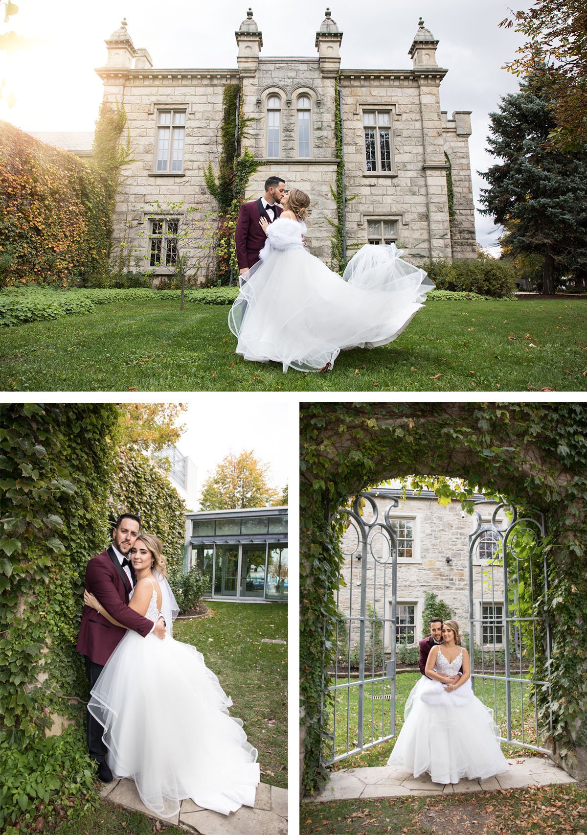 Wedding photos featuring a bride and groom in front of a historic stone building with ivy, a couple embracing in front of a hedge, and the couple sitting together in a gated archway covered in vines.