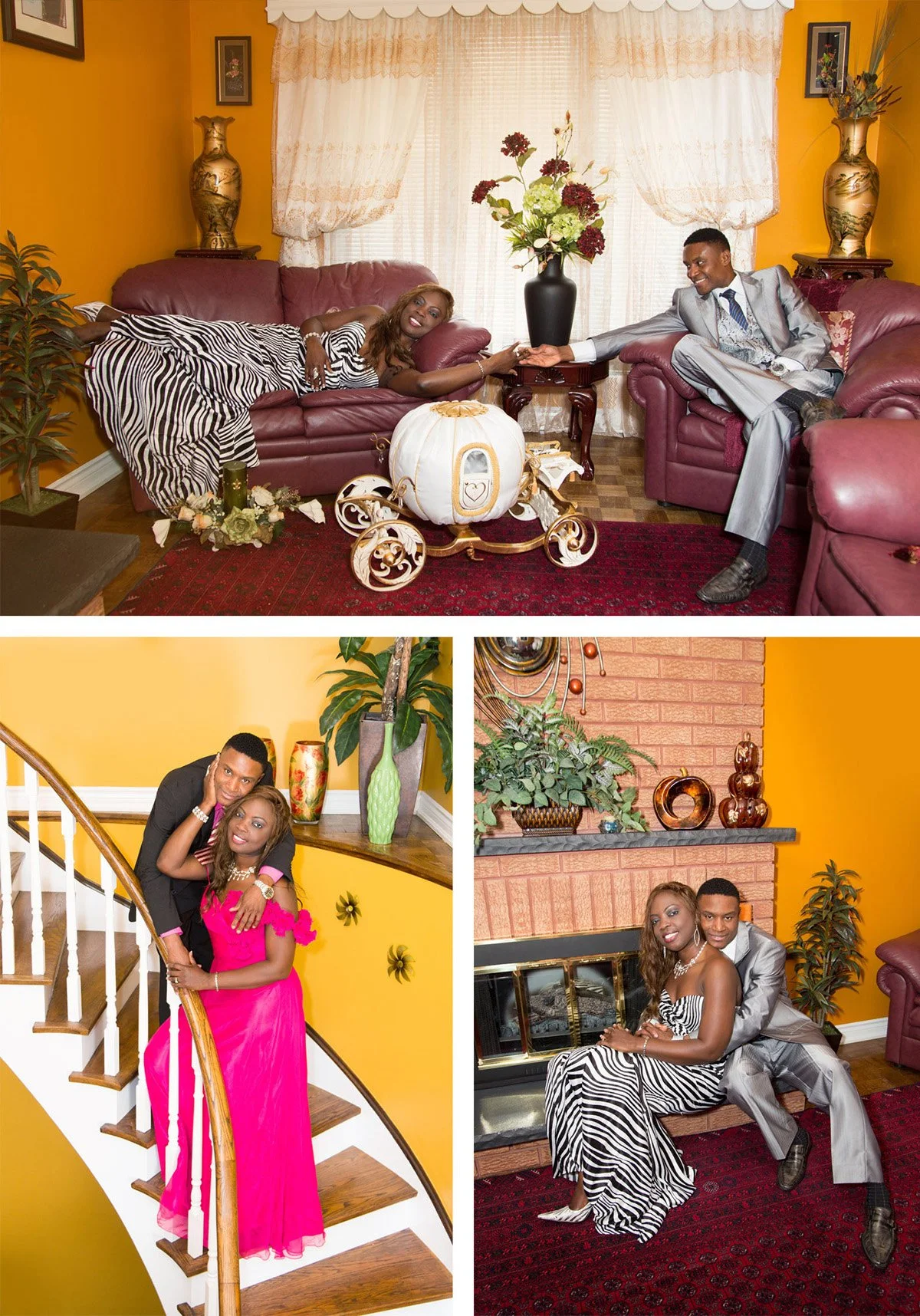 A collage of three photos featuring a couple in a warmly decorated home. In the first photo, the woman is lounging on a red couch reaching out to the man, who is sitting on another red couch, both smiling. The second photo shows the woman and man on 