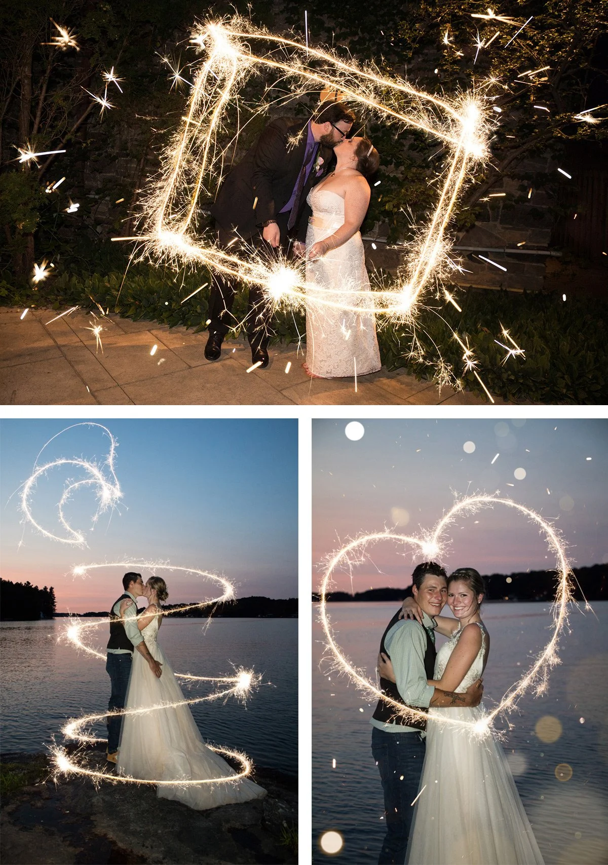 Three wedding photos featuring couples celebrating with sparklers. In the first image, a couple is standing close and kissing inside a square made of sparklers. In the second image, a couple is standing near a lake at sunset, with sparklers creating 