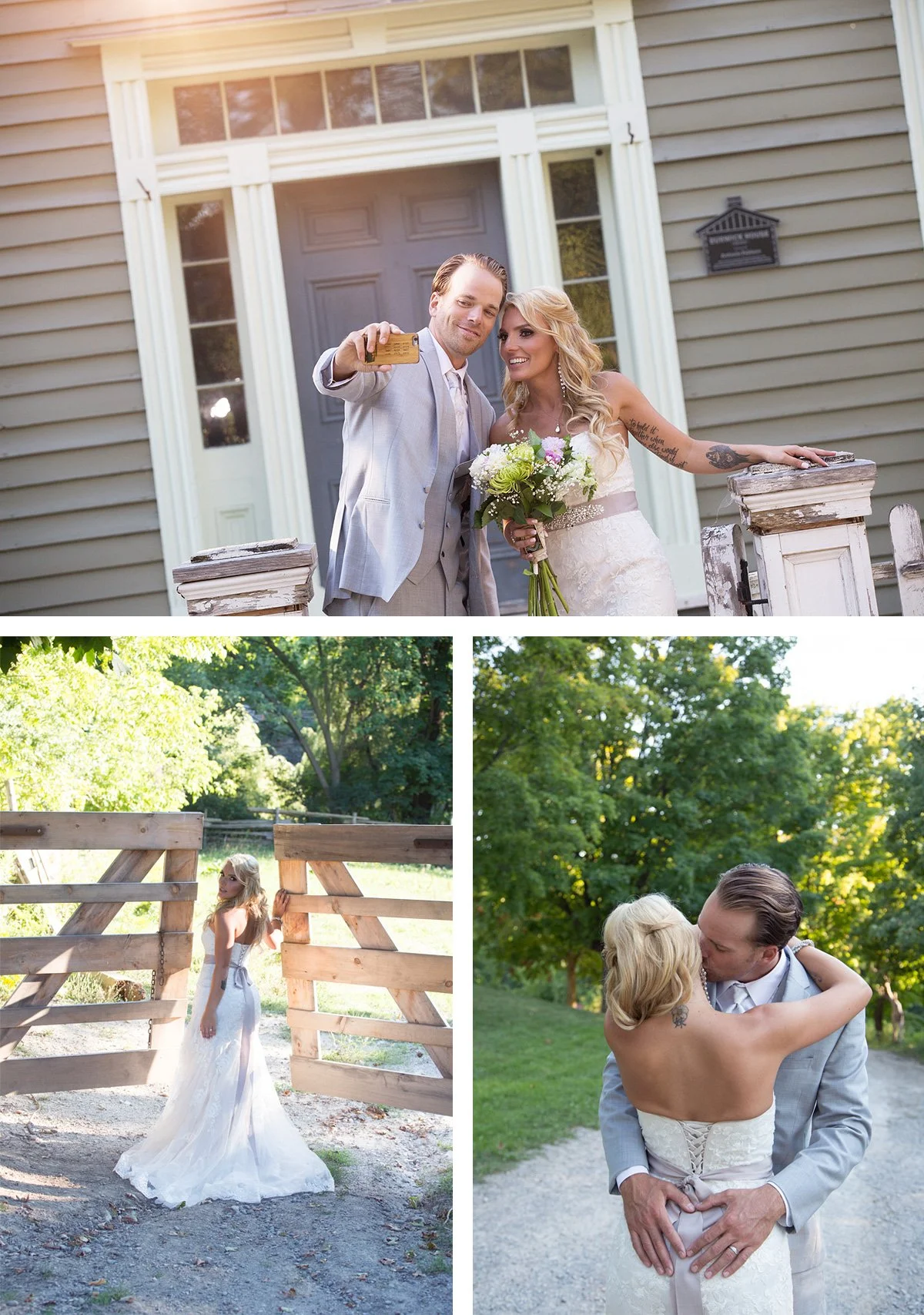 Collage of three wedding photos: Top photo shows a bride and groom taking a selfie on front porch of a house, the bride holding a bouquet and the groom holding a phone; bottom left photo depicts a bride with long hair in a white wedding dress standin
