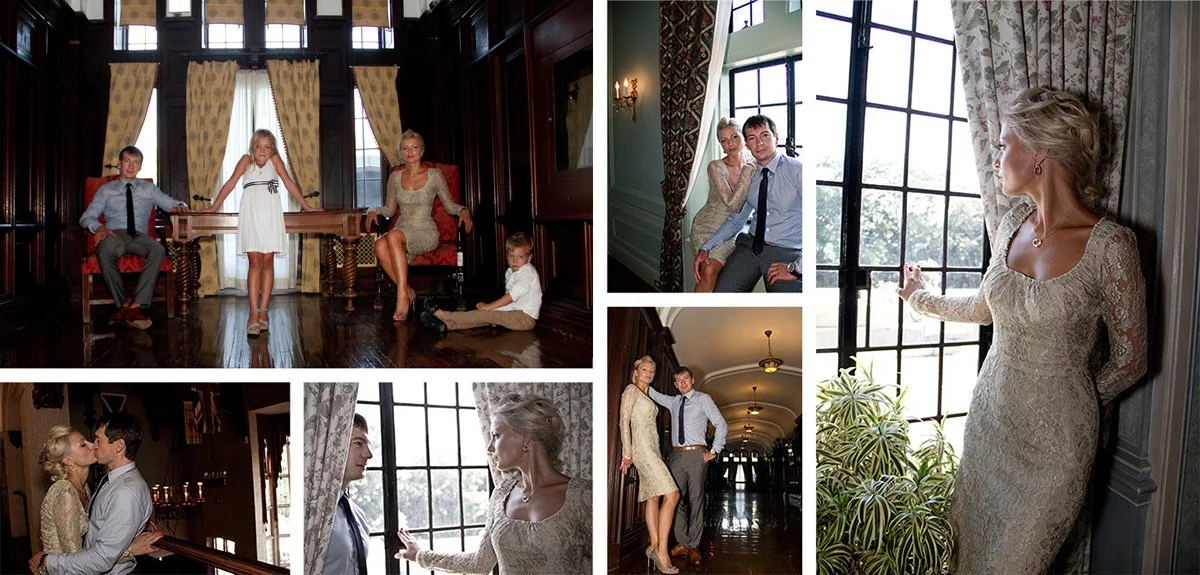 A collage of six photos featuring a family in elegant attire inside a grand, historic building with large windows, dark wood paneling, and ornate curtains. The family appears to be posing for formal portraits and candid moments, including a mother, f
