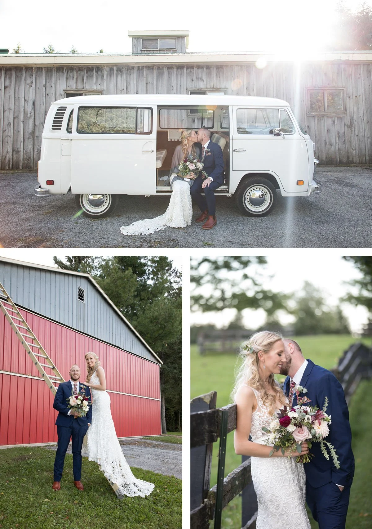 A wedding photoshoot scene with a bride and groom. In the top image, they are sitting inside a white vintage van, kissing, with the bride holding a bouquet. In the bottom left image, they are standing outside near a red barn, the bride is on the man'