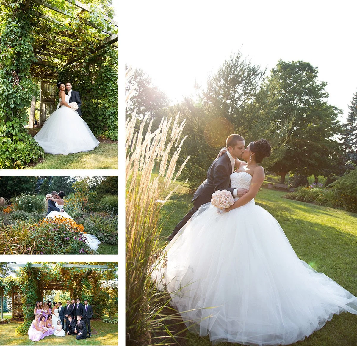 Collage of wedding photos: top left shows a bride and groom standing in a garden; center right features a bride and groom kissing outdoors in sunlight; bottom left has a group of wedding guests in a garden; bottom left shows the couple with guests un