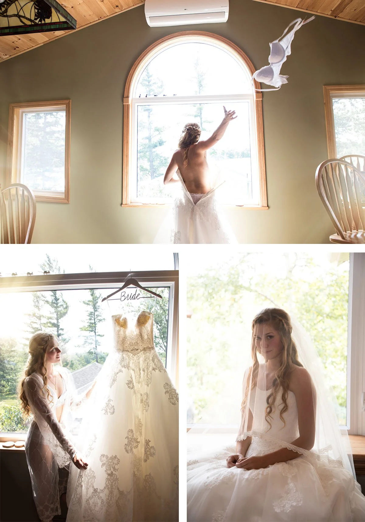 A bride getting ready in a bright room, with her wedding dress on a hanger labeled 'Bride', and in another photo she is sitting wearing her wedding dress, with her veil, and in the third photo she is standing by a window.
