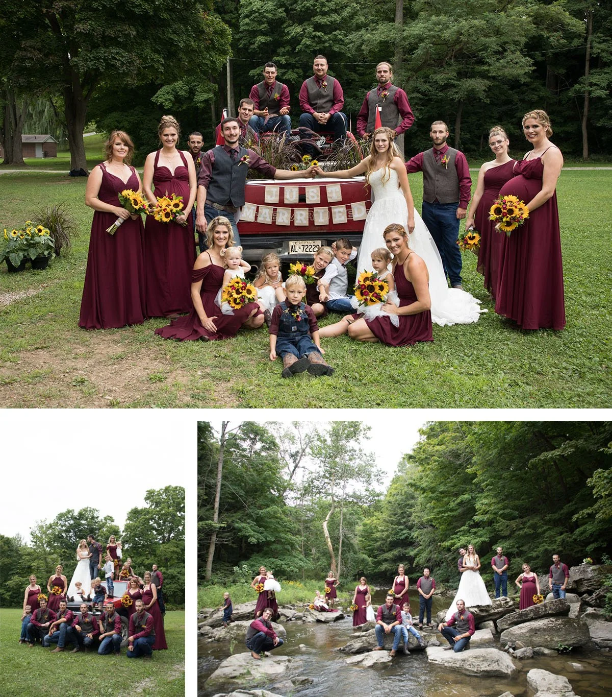 Group of people celebrating a wedding outdoors during daytime, with a bride in a white dress, bridesmaids in burgundy dresses holding sunflowers, and groomsmen in vest and dress shirts, posed around a decorated truck and natural scenic backgrounds.