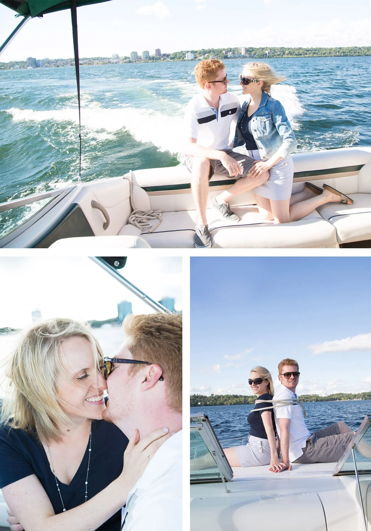 A couple kissing on a boat, a woman and man sitting on the boat enjoying the view, and a woman sitting on the boat with a man, both smiling with water and city skyline in the background.