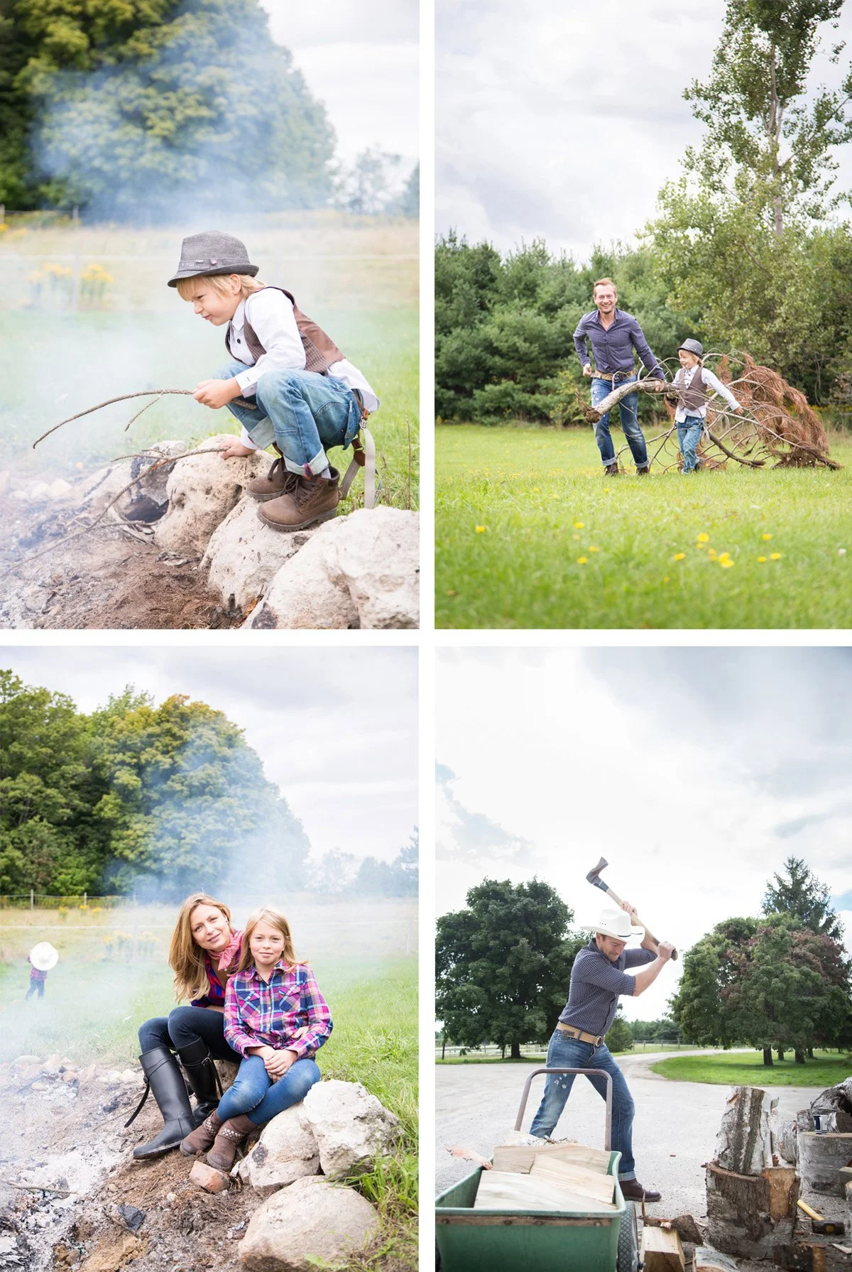 Collage of outdoor activities: a child roasting marshmallows over a campfire, a man and a child playing with sticks on the grass, a woman and girl sitting by a campfire, and a man chopping wood outdoors in a park.