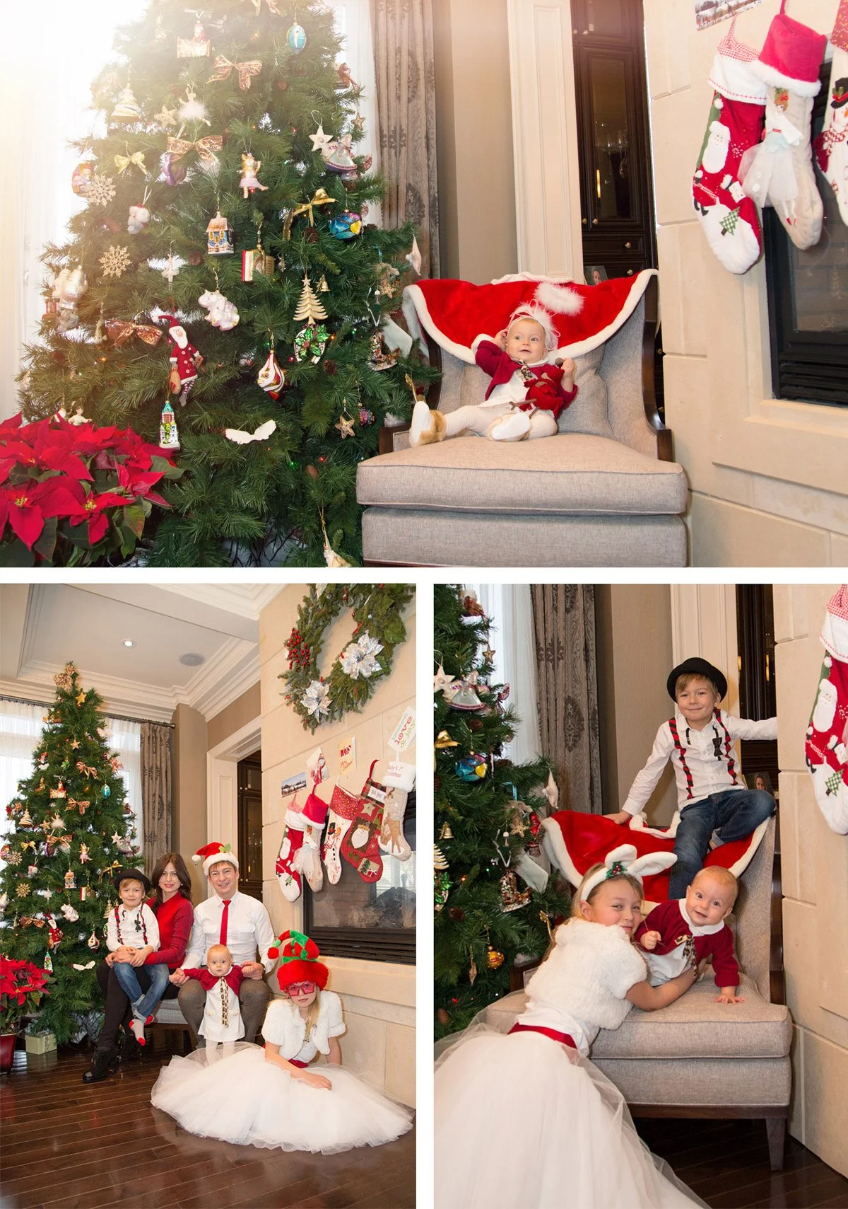 A holiday family gathering with a decorated Christmas tree, stockings hung on the wall, and children dressed in festive clothes, enjoying holiday activities.