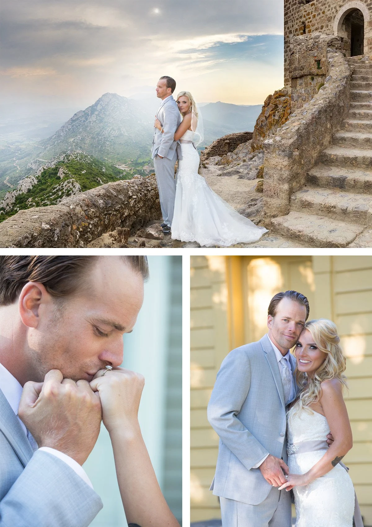Collage of three wedding photos: a bride and groom standing on a mountain with a scenic view; the groom kissing the bride's hand; a couple posing together happily, both in wedding attire.