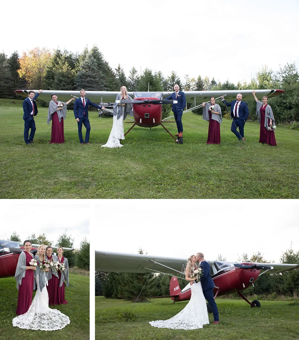 A wedding party posing in front of a small red airplane on a grassy field, with the bride and groom sharing a kiss, and bridesmaids and groomsmen standing on either side.