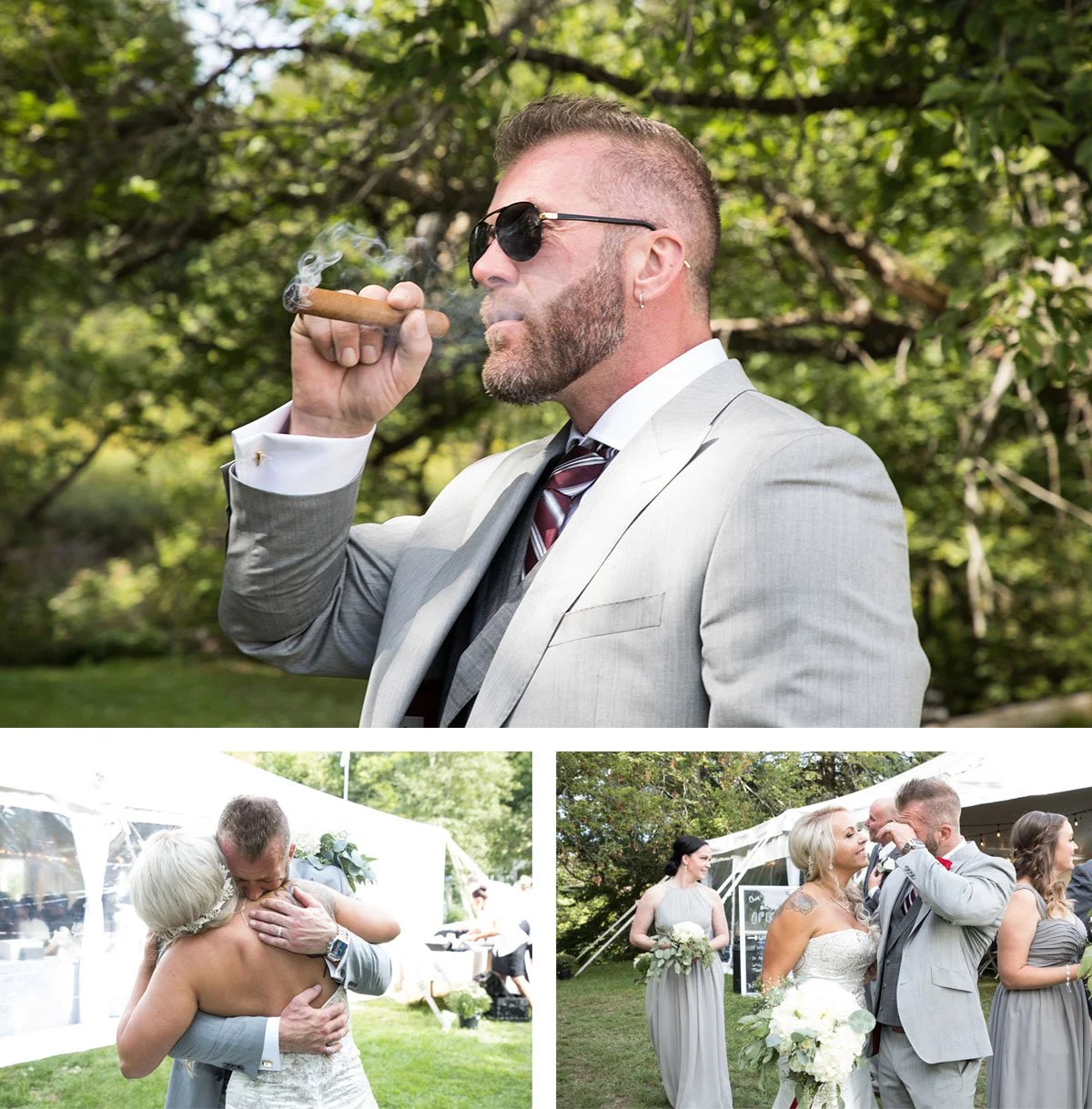 A man in a light gray suit, striped tie, and sunglasses smoking a cigar outdoors. Inset images show couples at a wedding: one couple hugging, the groom in a suit and bride in a wedding dress, and another couple with the bride holding a bouquet, all a