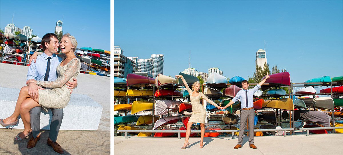 Pair of photos taken outdoors at a waterfront with city buildings in the background, featuring a couple in formal attire. In the first photo, the man and woman are sitting on a concrete ledge, laughing and embracing. In the second photo, the woman an