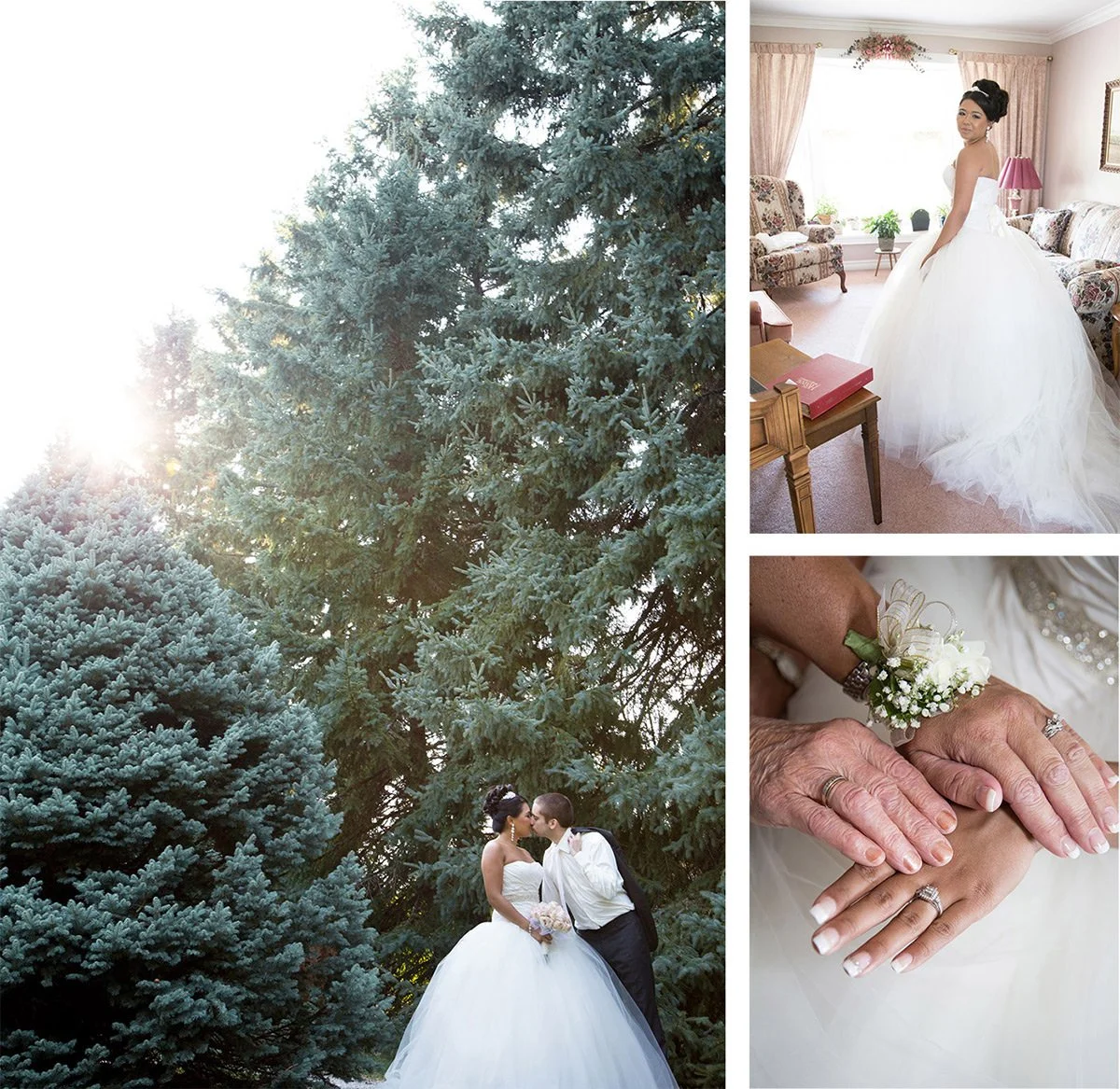 Collage of wedding images: a bride and groom kissing outdoors with tall evergreen trees, a bride in a wedding dress standing inside a living room, and a close-up of hands with wedding rings and corsage.