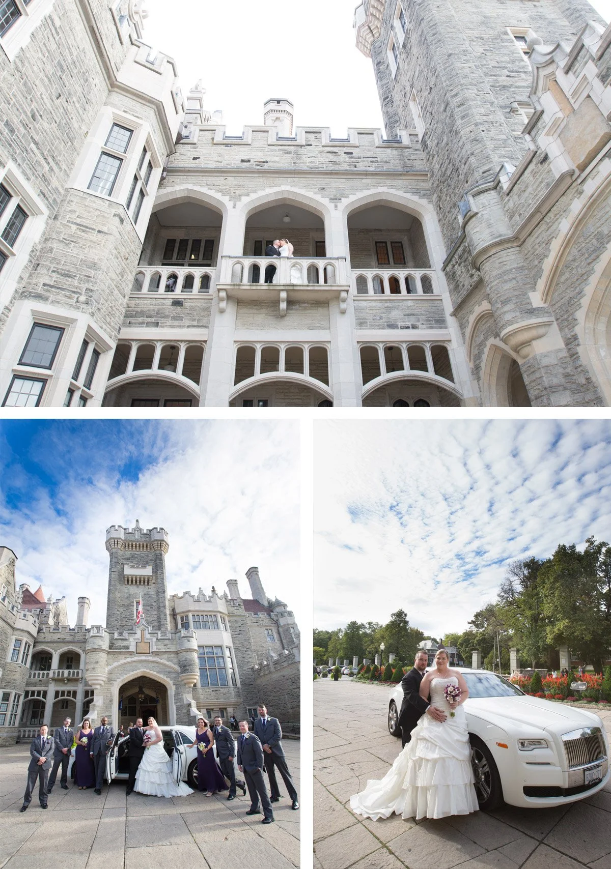 Wedding photos at a castle-like venue showing a couple kissing on a balcony, a group of people posing in front of a castle entrance, and a bride and groom with a white luxury car in a parking lot.