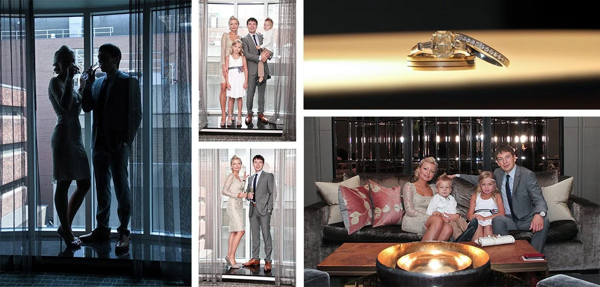 A collage of four photos: the first shows a silhouette of a couple in formal attire with a city view behind a window; the second features a family of four in formal outfits standing at an apartment door; the third shows the same family holding drinks