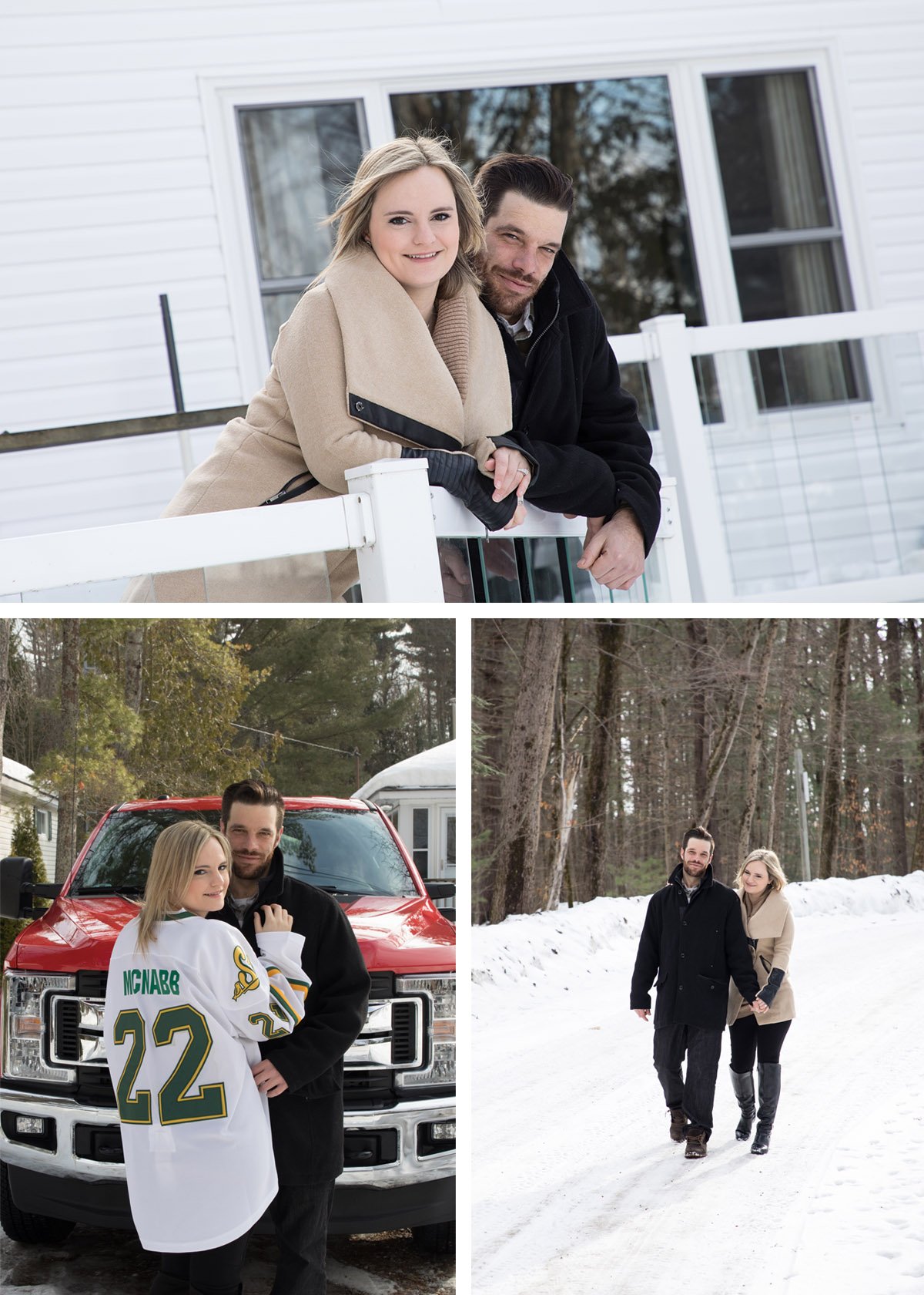 Collage of three photos featuring a couple enjoyed winter outdoors and in winter attire. In the first photo, they are leaning on a white porch railing in front of a house with snow visible on the ground and trees. The second photo shows them standing