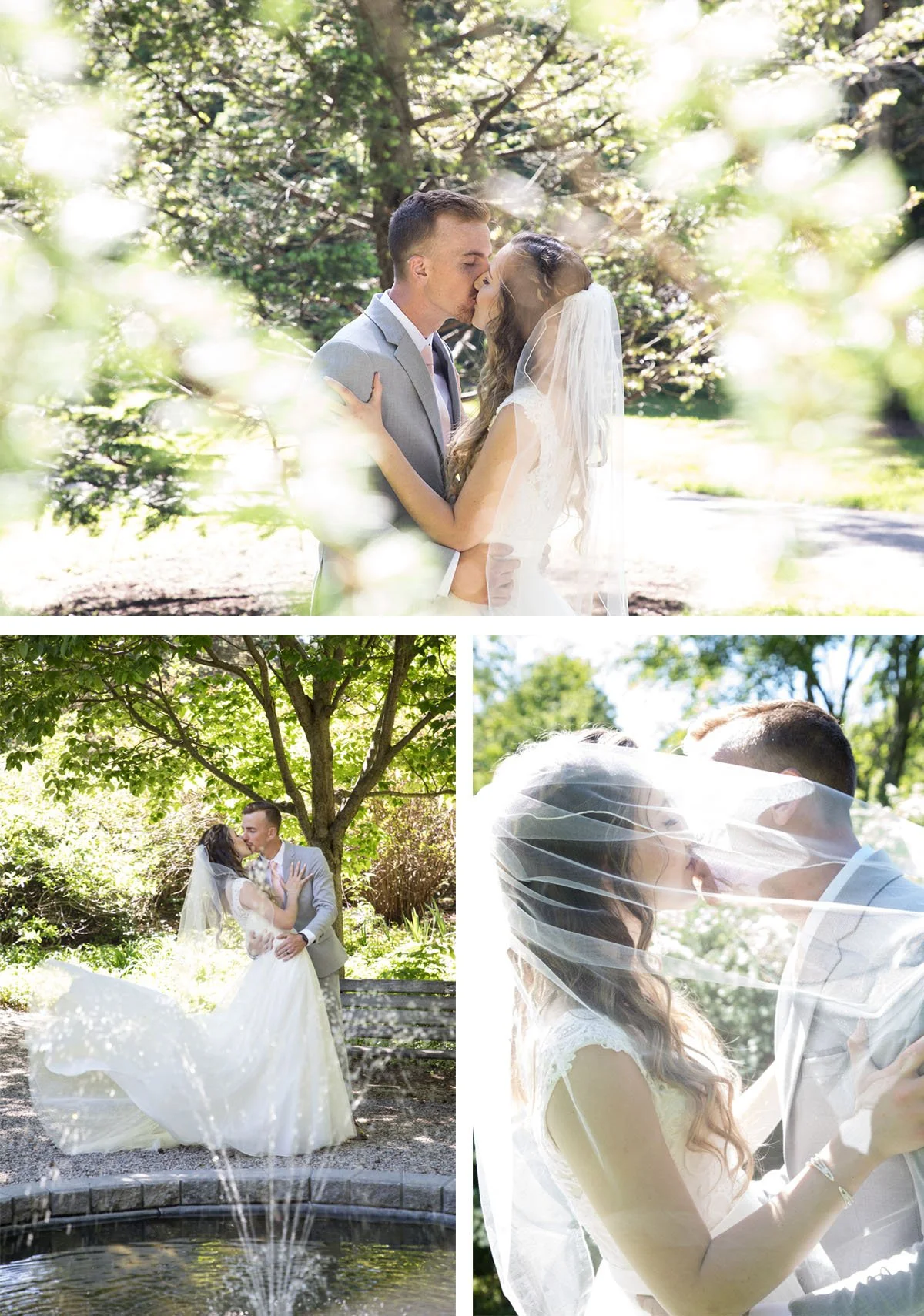 A wedding photoshoot in a lush green park showing a bride and groom kissing, dancing, and sharing intimate moments, with natural sunlight filtering through trees.