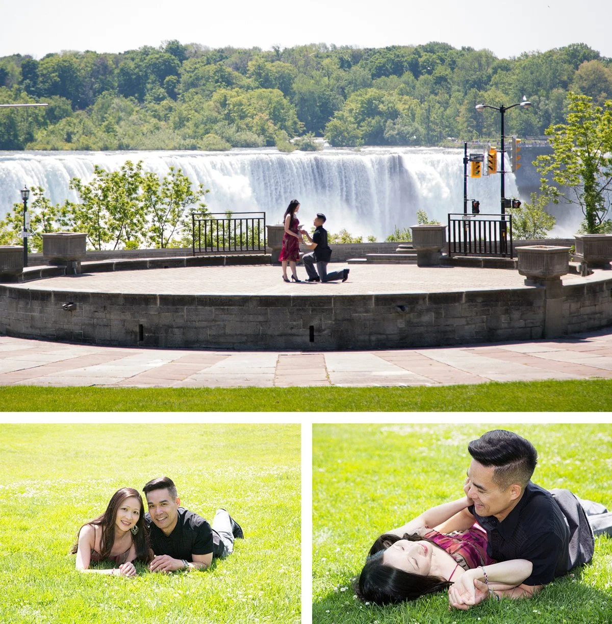 A couple getting engaged in front of Niagara Falls with a scenic background. They are in a public park, with a paved area and railings. In the lower photos, the couple is lying on the grass, smiling, and sharing a moment of happiness.