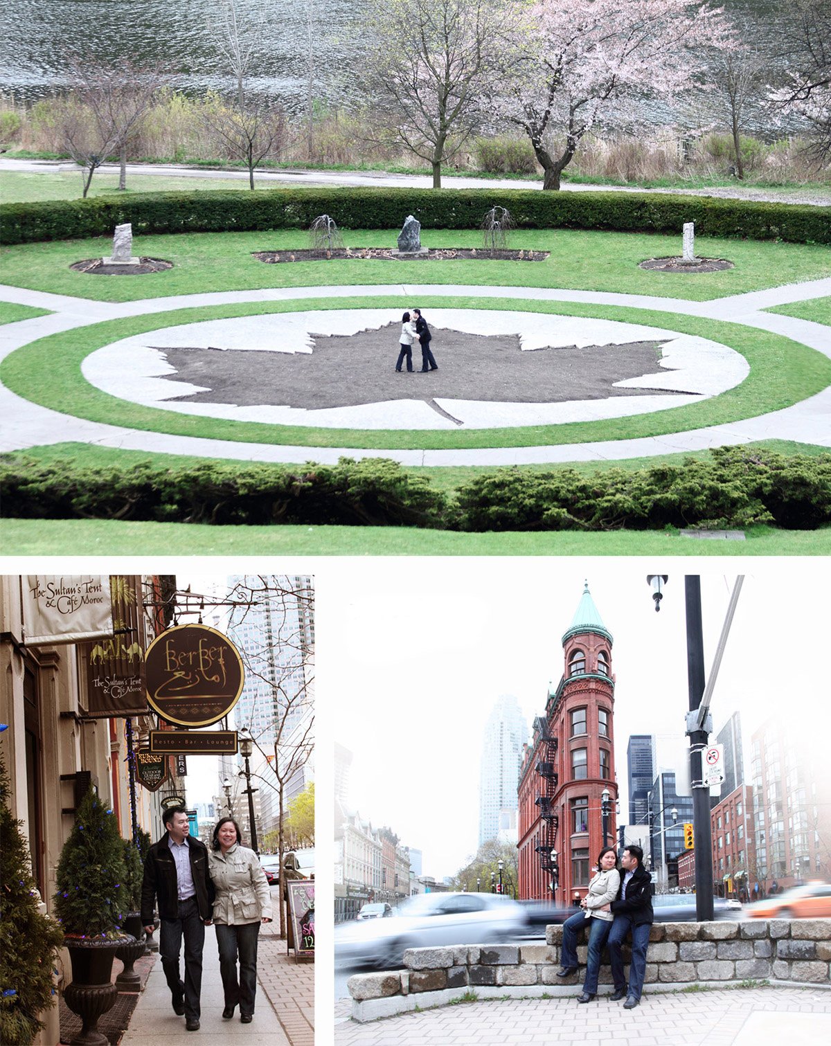 A collage of three photos: top photo shows a park with a circular garden featuring a maple leaf design, a couple embracing in the center, surrounded by trees. Bottom left photo shows a man and woman walking on a city sidewalk past a restaurant sign t