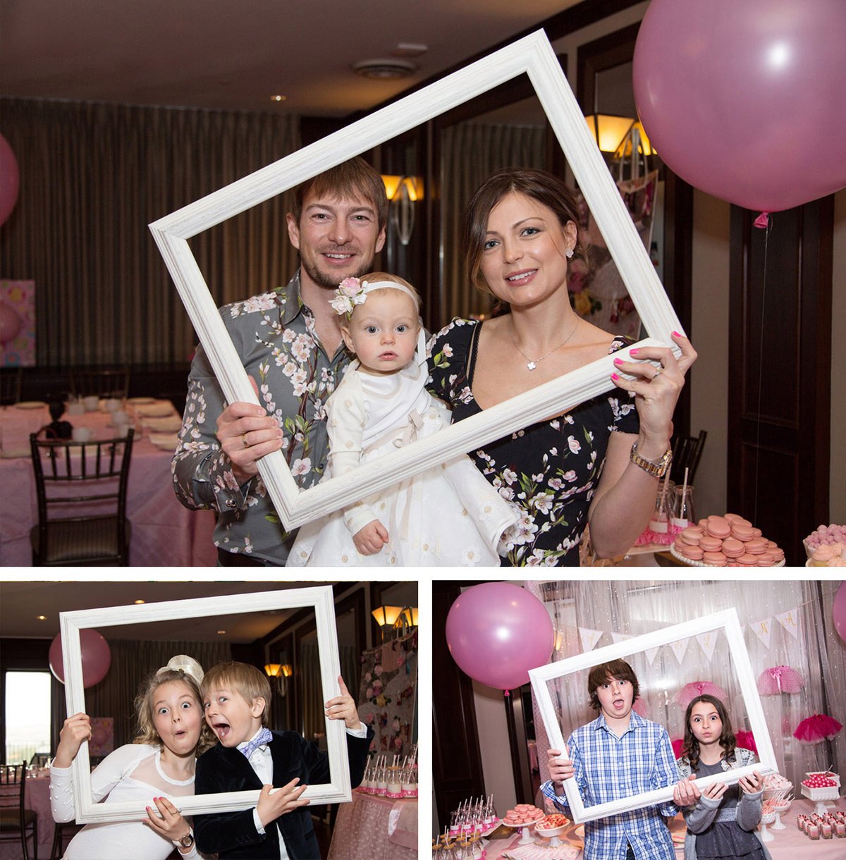 People holding empty white picture frames at a party. The top image shows a woman with a child and a man, all smiling and posing for the camera. The bottom images show two children and a teenage boy and girl, all making playful faces inside the frame