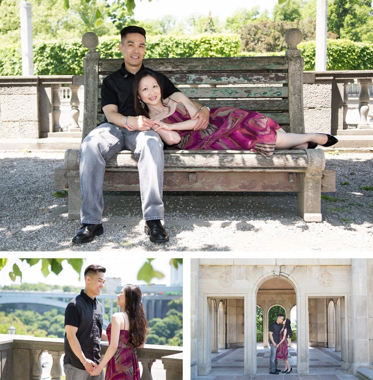 A couple enjoying a day outdoors in different settings. In the first photo, they sit on a weathered wooden bench in a park, smiling at the camera with lush greenery in the background. In the second photo, the man and woman stand facing each other, ho