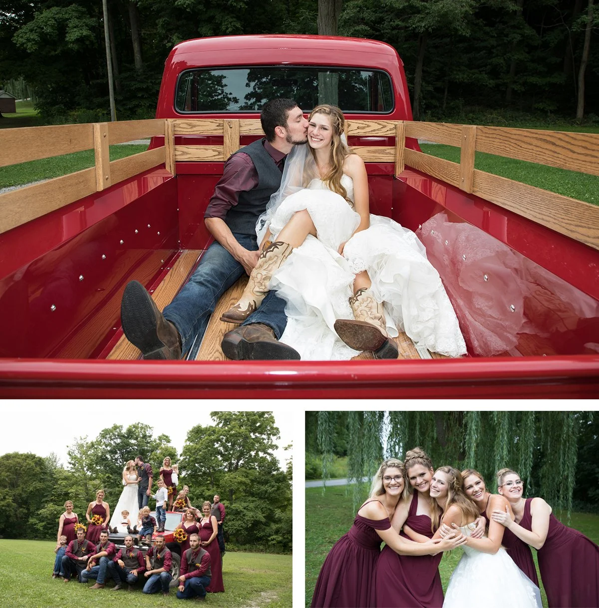 Collage of three outdoor wedding photos: top image shows a bride and groom sitting in the back of a vintage red truck, smiling and embracing; bottom left image shows the bride, groom, and wedding party with bridesmaids in matching burgundy dresses, a