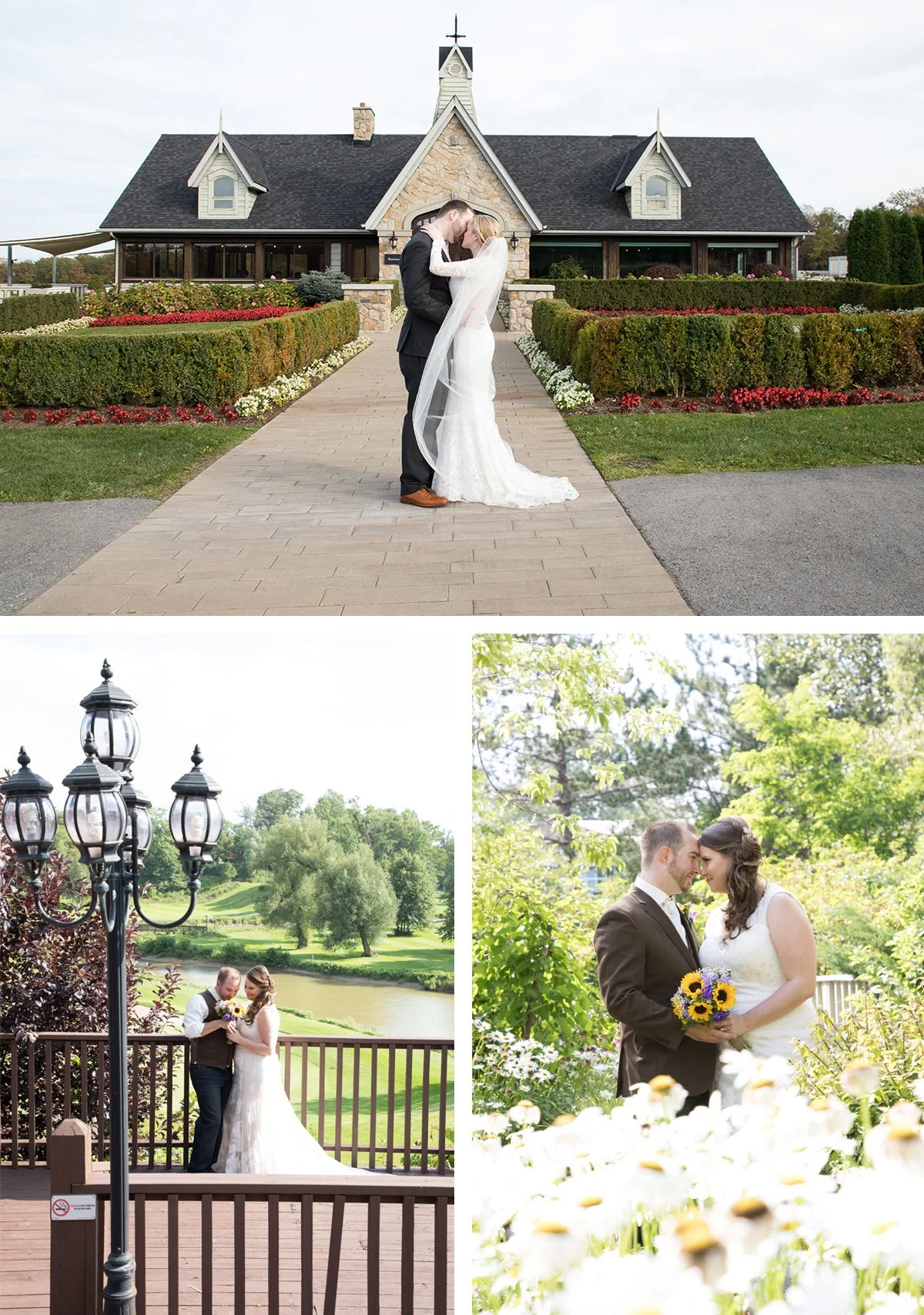 Collage of three wedding photos: Top image shows a bride and groom kissing in front of a church with manicured gardens; bottom left image features a couple in wedding attire on a wooden deck by a lake, holding a bouquet; bottom right image depicts a 