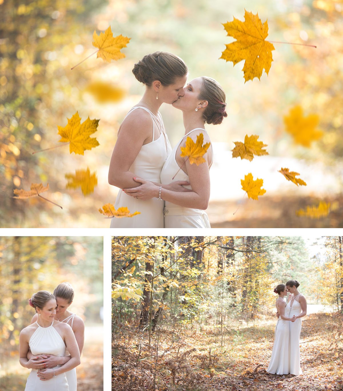 Two women in white dresses embracing and kissing in a forest with autumn leaves falling around them.