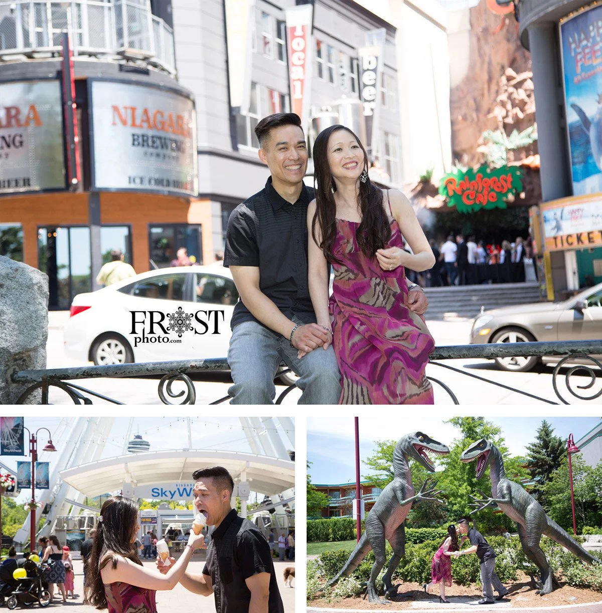 Collage of three photos featuring people at an amusement park. The top photo shows a smiling couple sitting outdoors with city buildings and a sign for Raging Fossil Cafe in the background. The bottom left photo captures a woman feeding ice cream to 