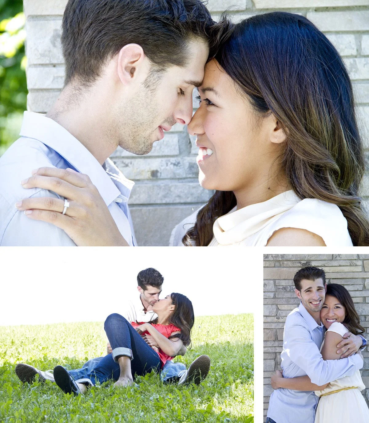 A couple with light and dark hair sharing an intimate moment with foreheads touching near a brick wall, the woman wearing a white dress and the man in a light blue shirt. In another part of the image, the same couple is sitting on grass, the woman in