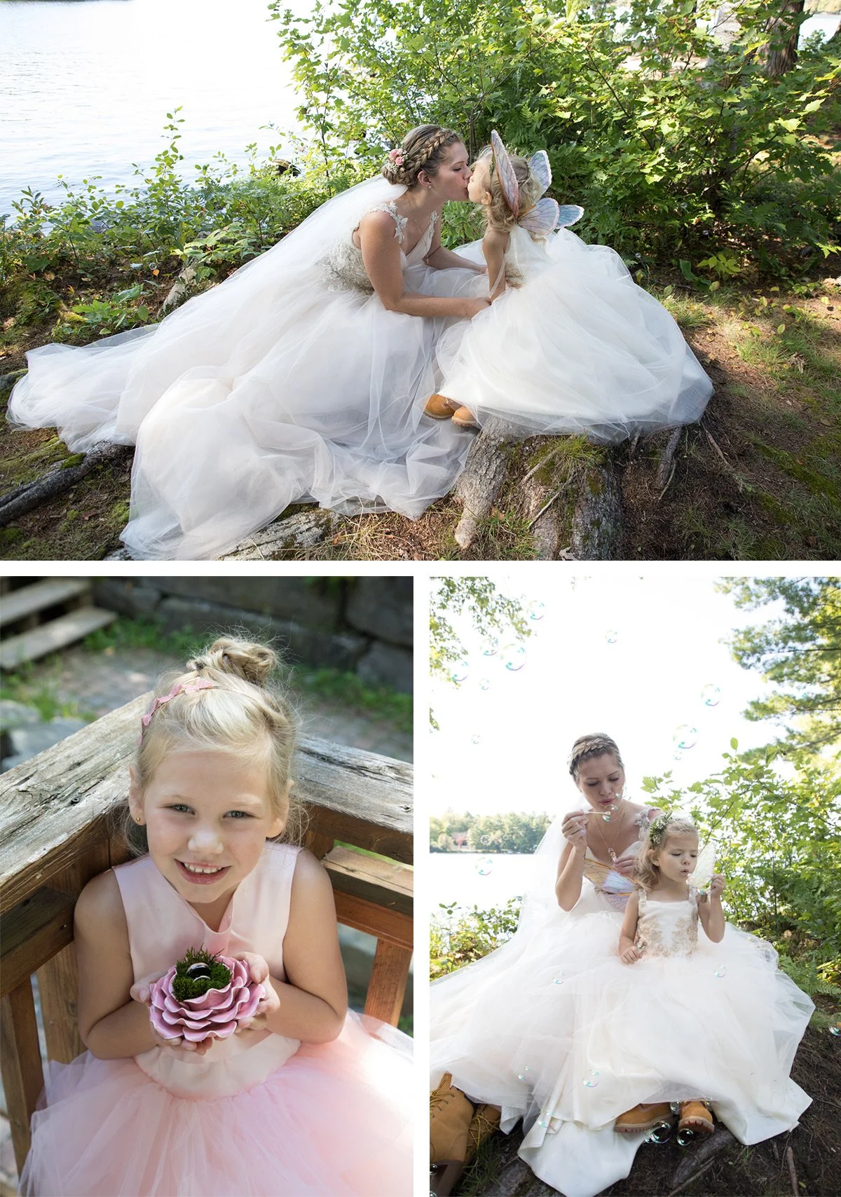 A woman and a young girl dressed as a fairy, wearing a large white dress with butterfly wings, sharing a kiss near a river, with the girl holding a bubble wand. A smiling girl in a pink dress holding a flower bouquet is sitting on a wooden bench, wit