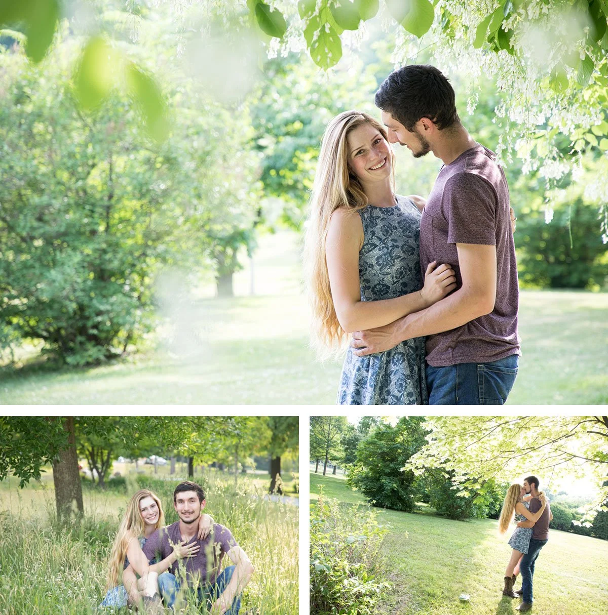 A young couple smiling and embracing each other outdoors under a tree in a park. The woman has long blonde hair and is wearing a blue floral dress, and the man has dark hair and is dressed in a purple t-shirt and jeans. In another part of the collage