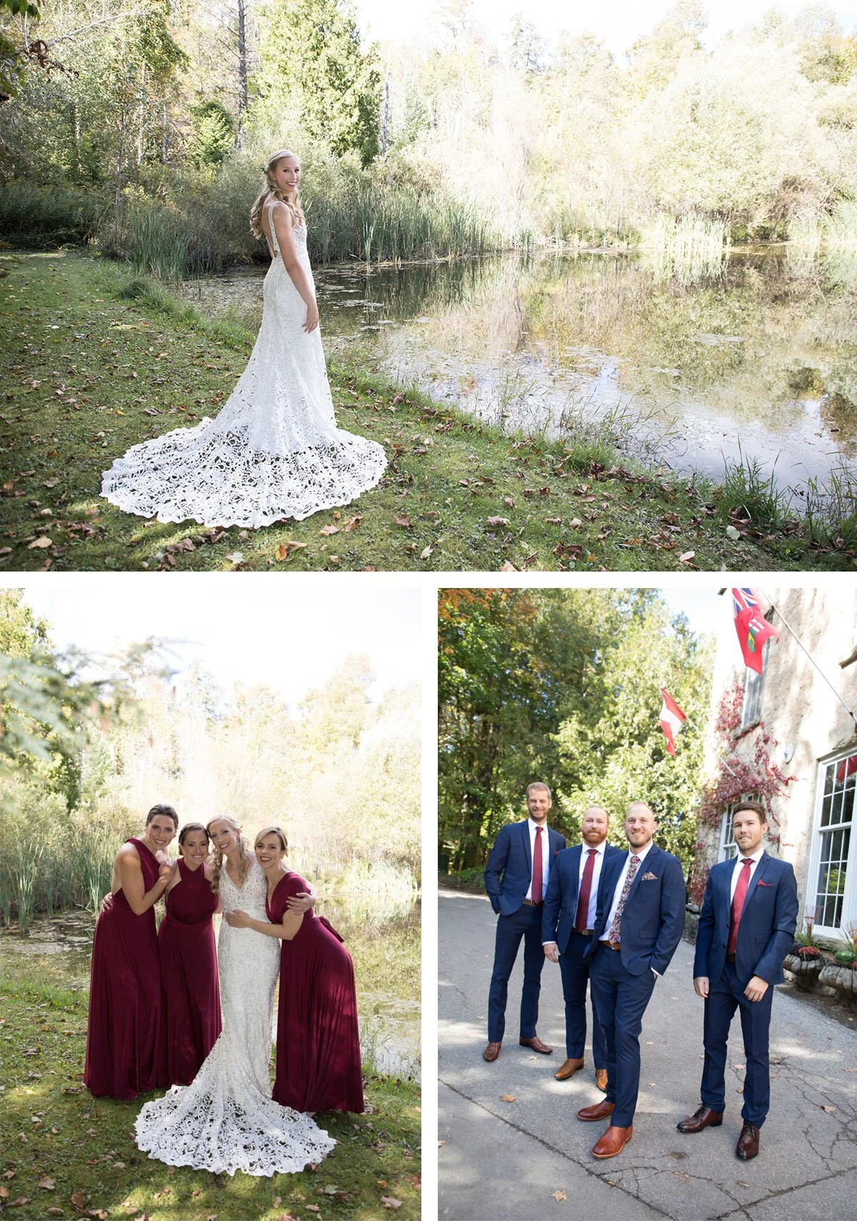 A bride in a white lace wedding dress stands by a pond with friends and groomsmen outdoors in a natural setting.