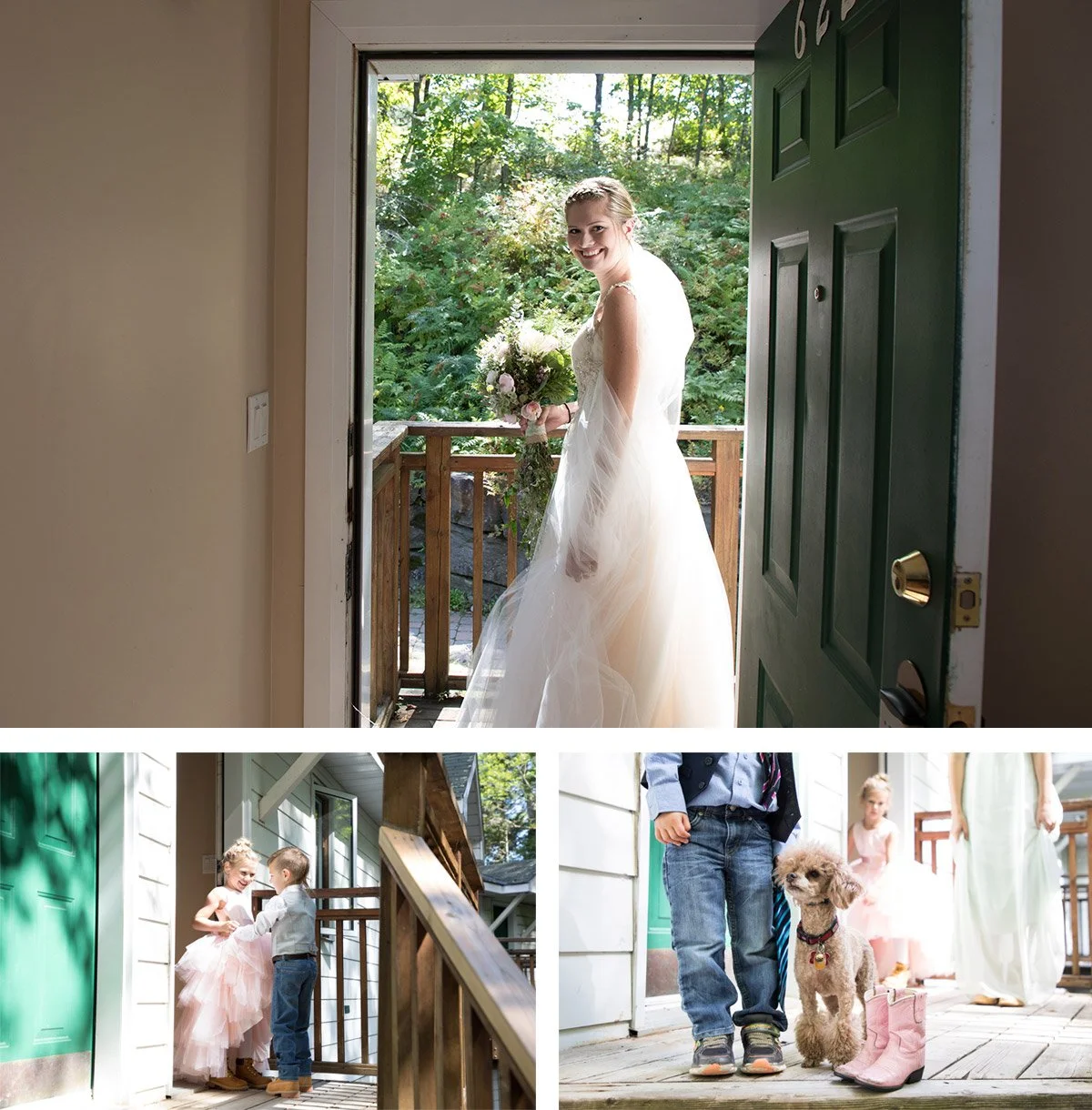 A bride standing on a porch holding a bouquet of flowers, smiling, with wooded area in background; children and adults on porch with a dog and pink boots nearby.