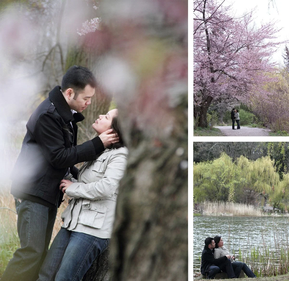 A collage of four images featuring a couple during spring in a park, with blooming trees and a lake, sharing romantic moments.