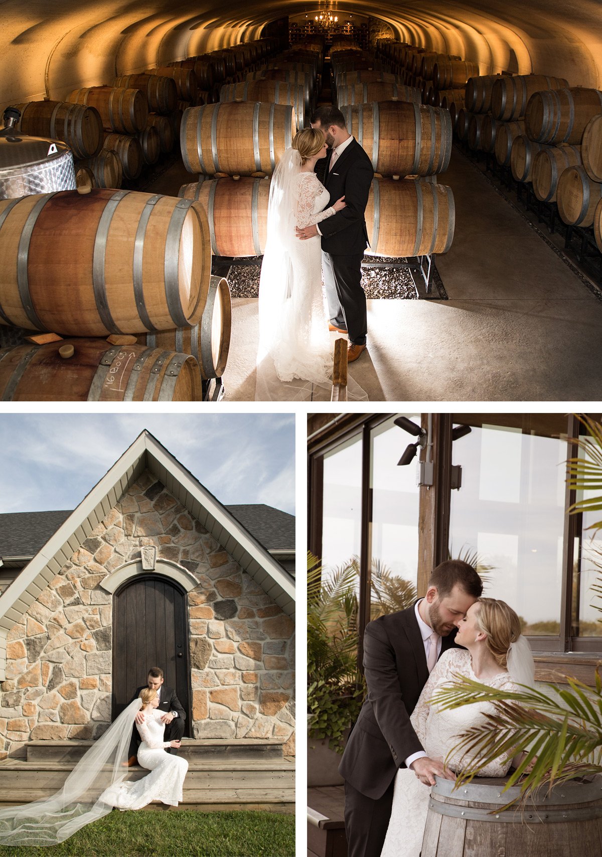 A wedding photoshoot featuring a bride and groom in a wine cellar, a couple on the steps of a stone building, and a couple indoors with plants, all in wedding attire.