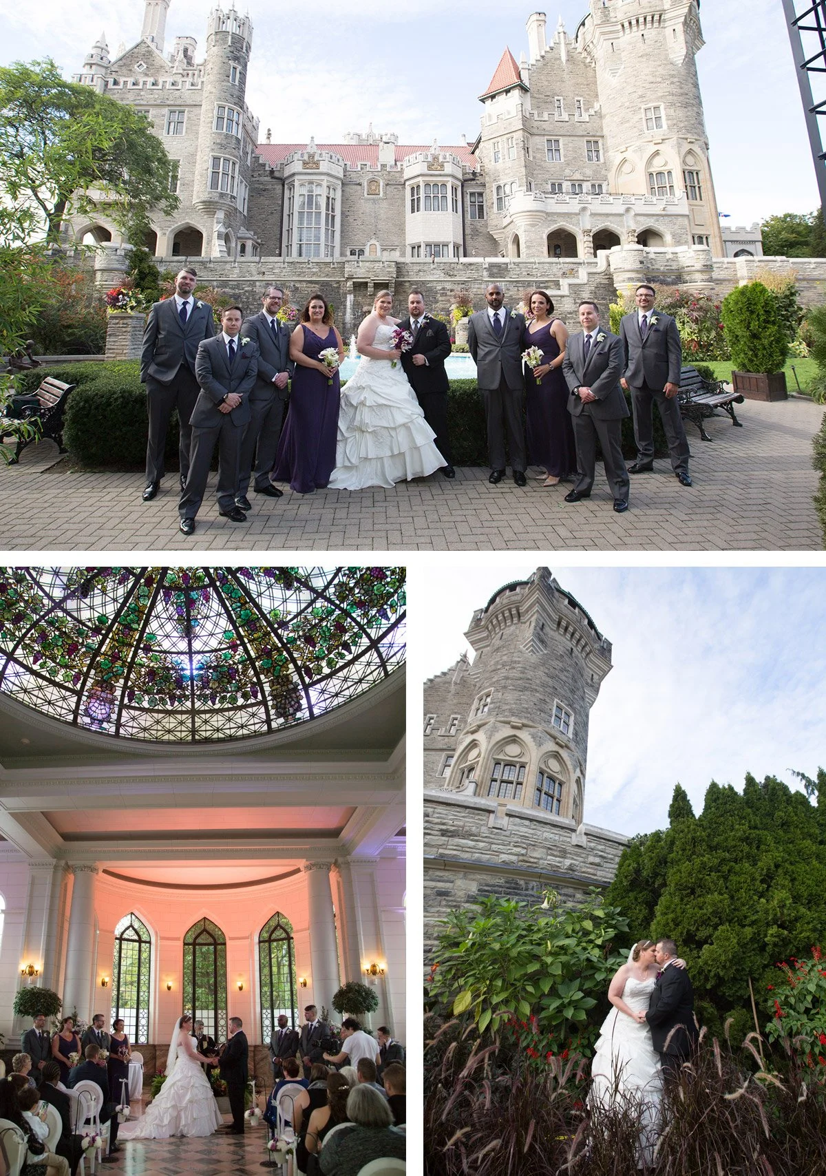 Wedding photos featuring a bride and groom with their wedding party at a castle, with images of the castle's stained glass ceiling, a church interior during the ceremony, and the couple sharing a kiss outside among greenery.