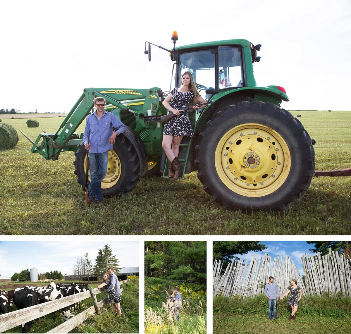 A collage of four photos featuring a young man and woman on farmland. The top photo shows them with a green John Deere tractor in a field with hay bales. The bottom left photo shows them near a wooden fence with cows in a pasture. The bottom center p