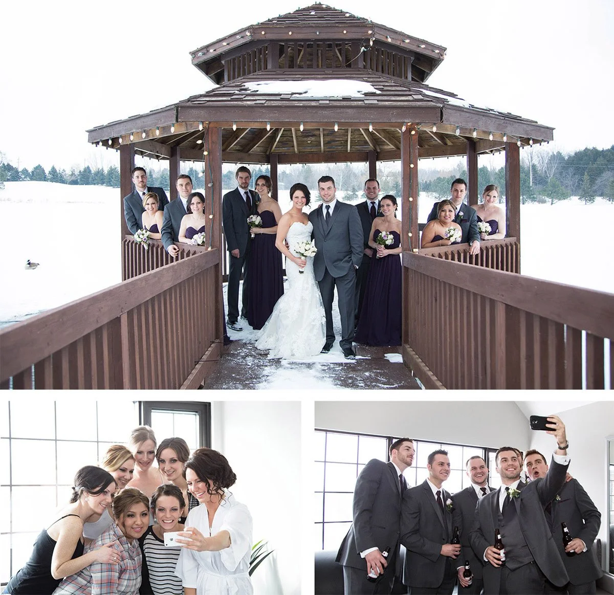 Three wedding photos: a group of wedding party members outside in winter, a group of women indoors, and a group of men indoors taking a selfie.