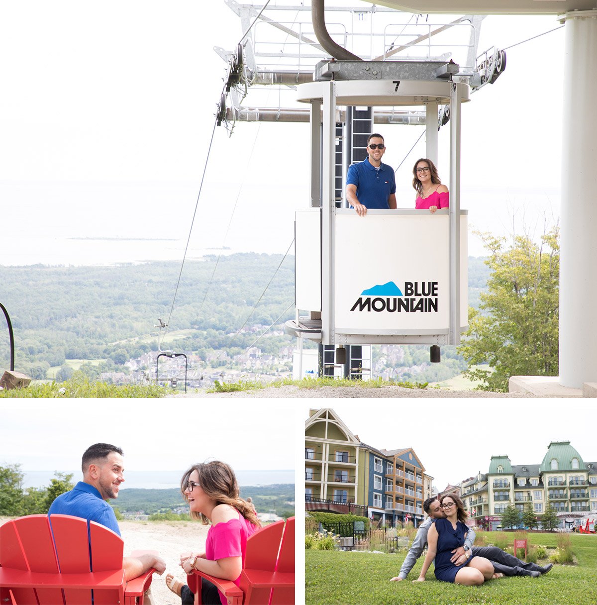 Top image shows two people in a ski lift gondola labeled 'Blue Mountain' with scenic view of hills and trees in the background. Bottom left shows a couple sitting on red chairs outdoors, smiling and talking, with landscape and trees behind them. Bott