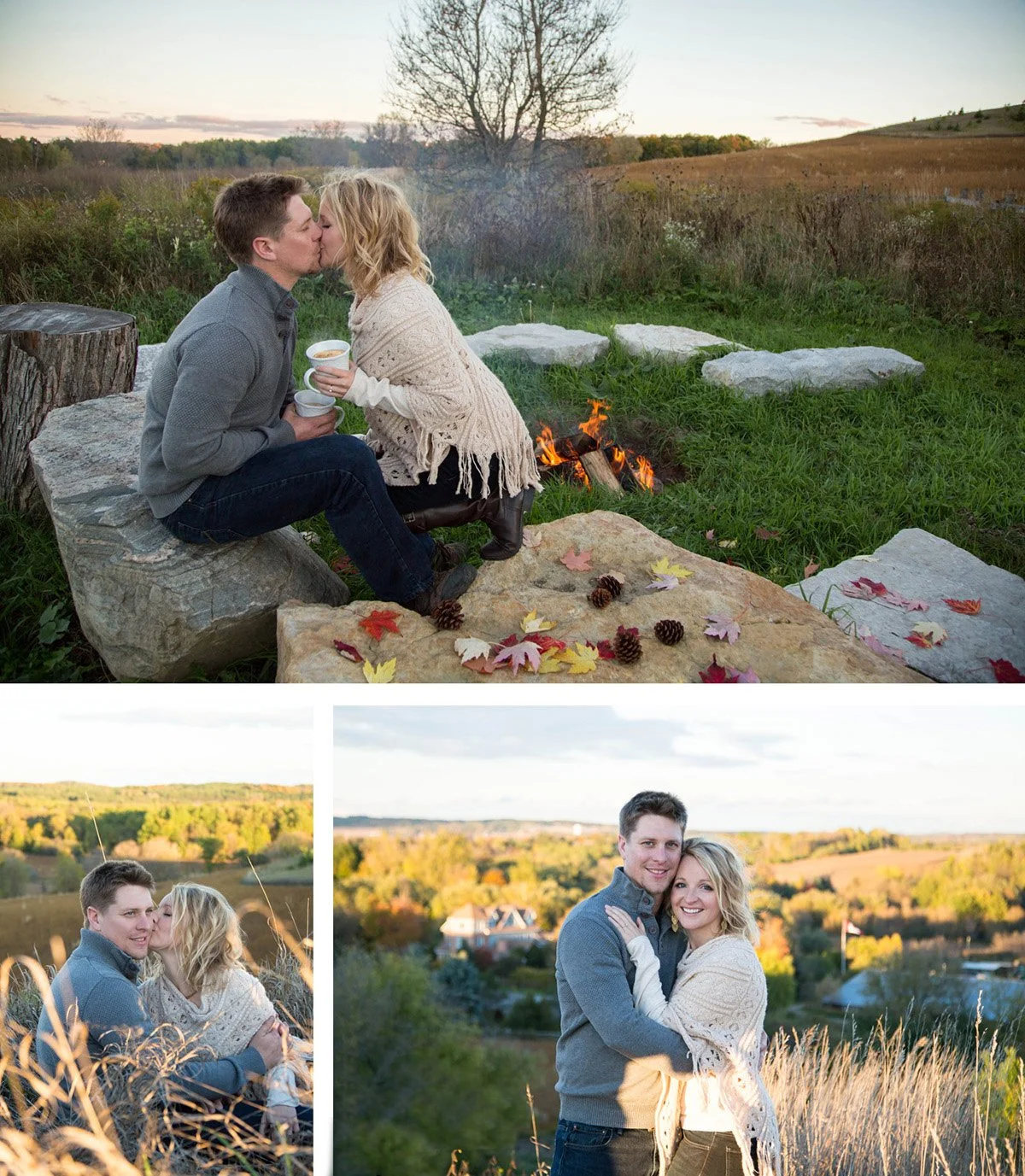A young couple sharing intimate moments outdoors during autumn, with one image showing them kissing by a campfire, another with them cuddling in a field, and the last of them embracing in a grassy area with trees and houses in the background.