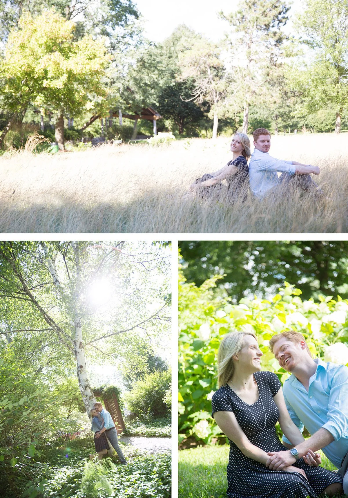 Three outdoor scenes featuring a young couple: sitting in a grassy field with trees in the background, standing hugging next to a birch tree, and sitting on the grass holding hands with lush green foliage around.