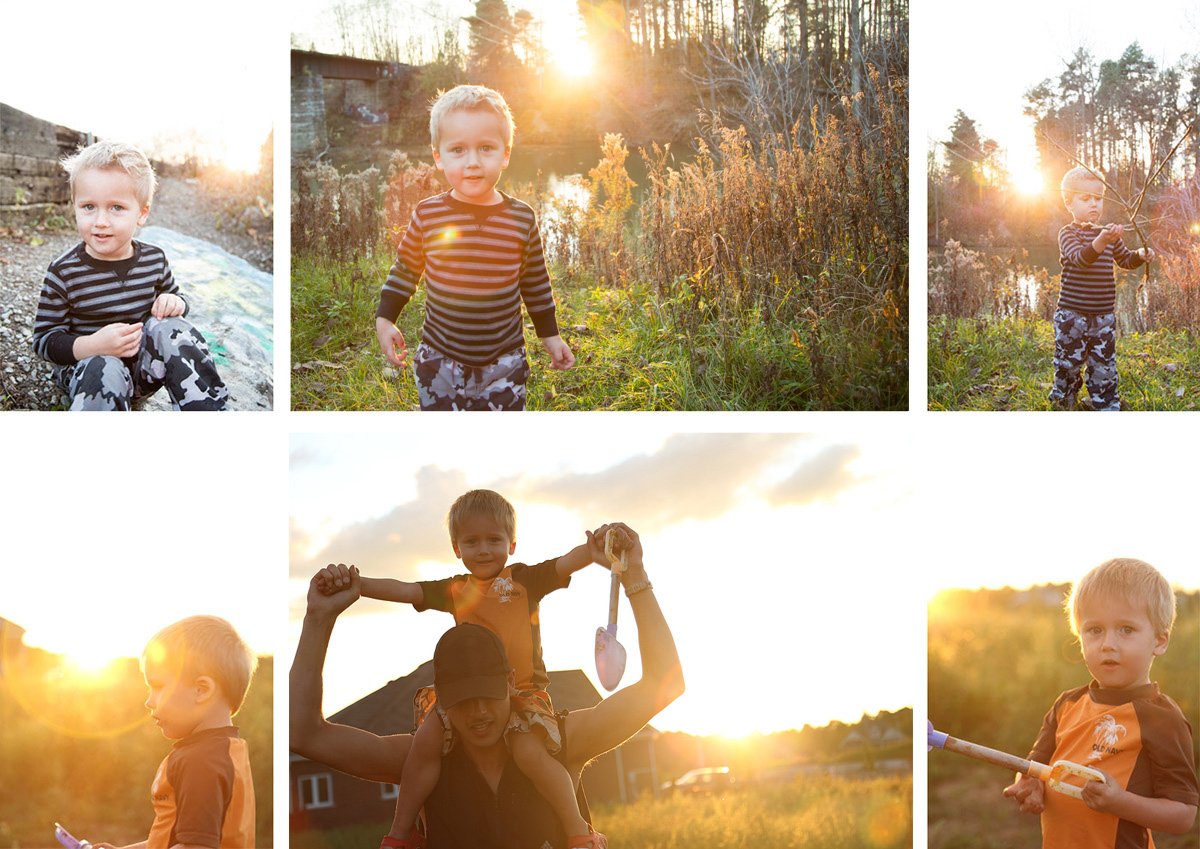 A collage of five photos of children outdoors at sunset. One boy sits on a rock, another walks through a grassy area, one stands holding a stick, a boy is carried on a person's shoulders with a toy shovel, and another boy holds a small shovel. All ar