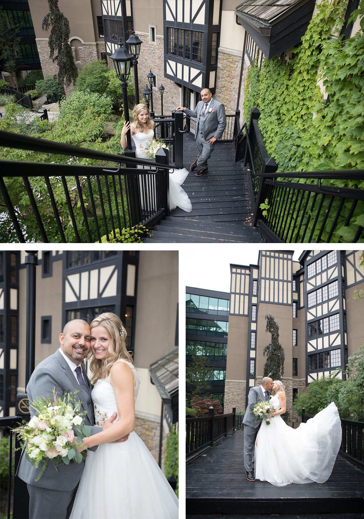 Bride and groom on a black wooden staircase outside of a building with Tudor-style architecture, black framing, and green ivy, holding a wedding bouquet and sharing a kiss.