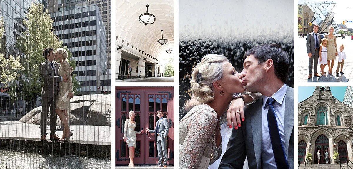 A collage of six wedding photos featuring a couple in various urban and architectural settings, including kissing, walking, and posing in front of buildings.
