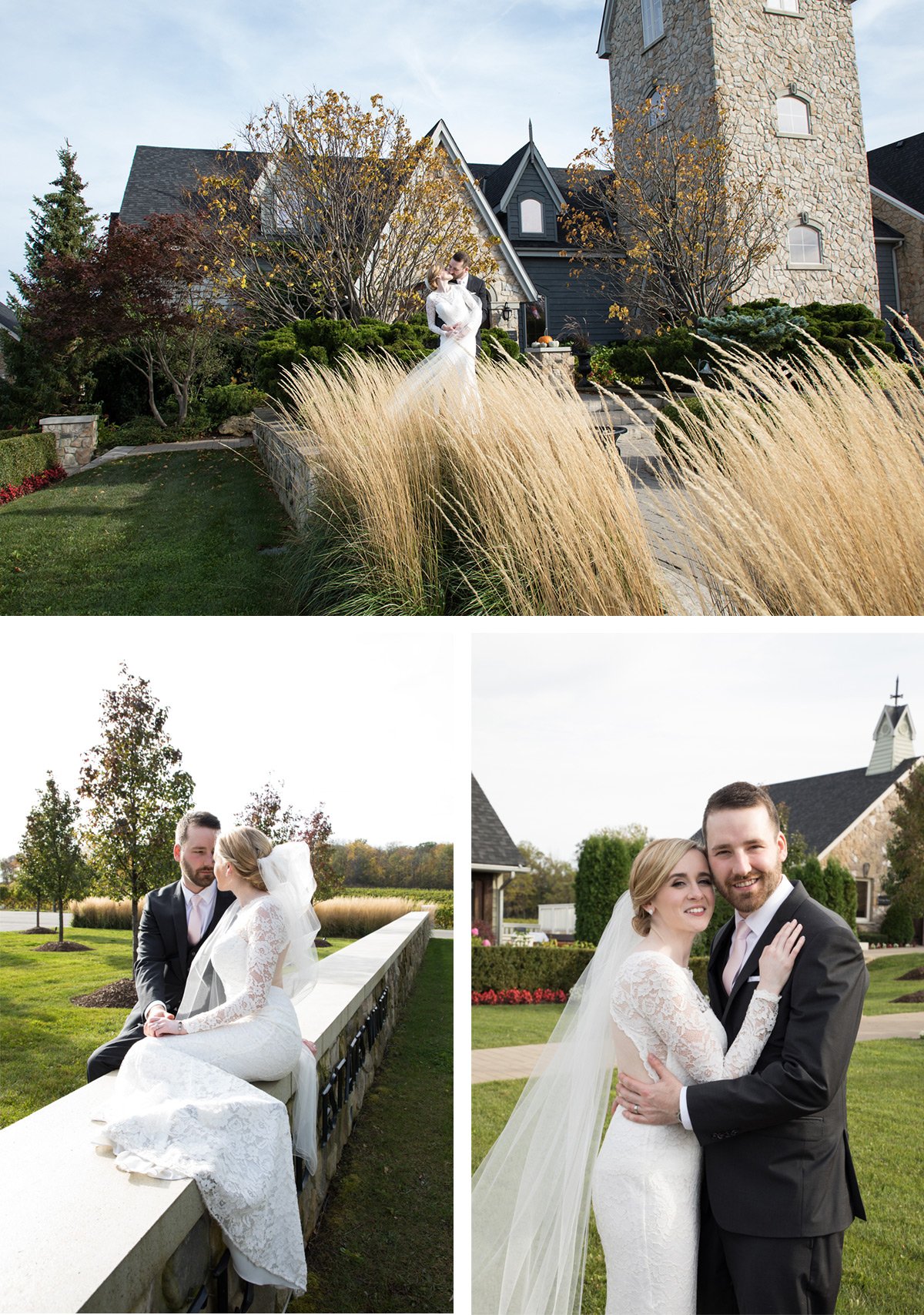A bride and groom on their wedding day, with a church and landscaped yard in the background.