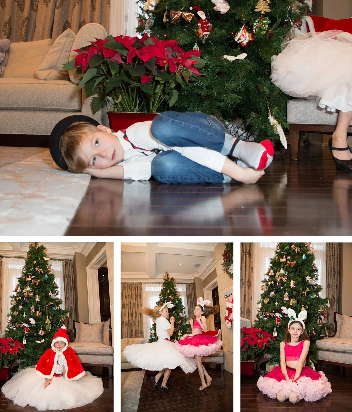 Four children celebrating Christmas in front of a decorated tree. One boy is lying on the floor with a Santa hat, the first girl is wearing a white dress and bunny ears, and the second girl is wearing a pink tutu with a bunny headband. They are danci