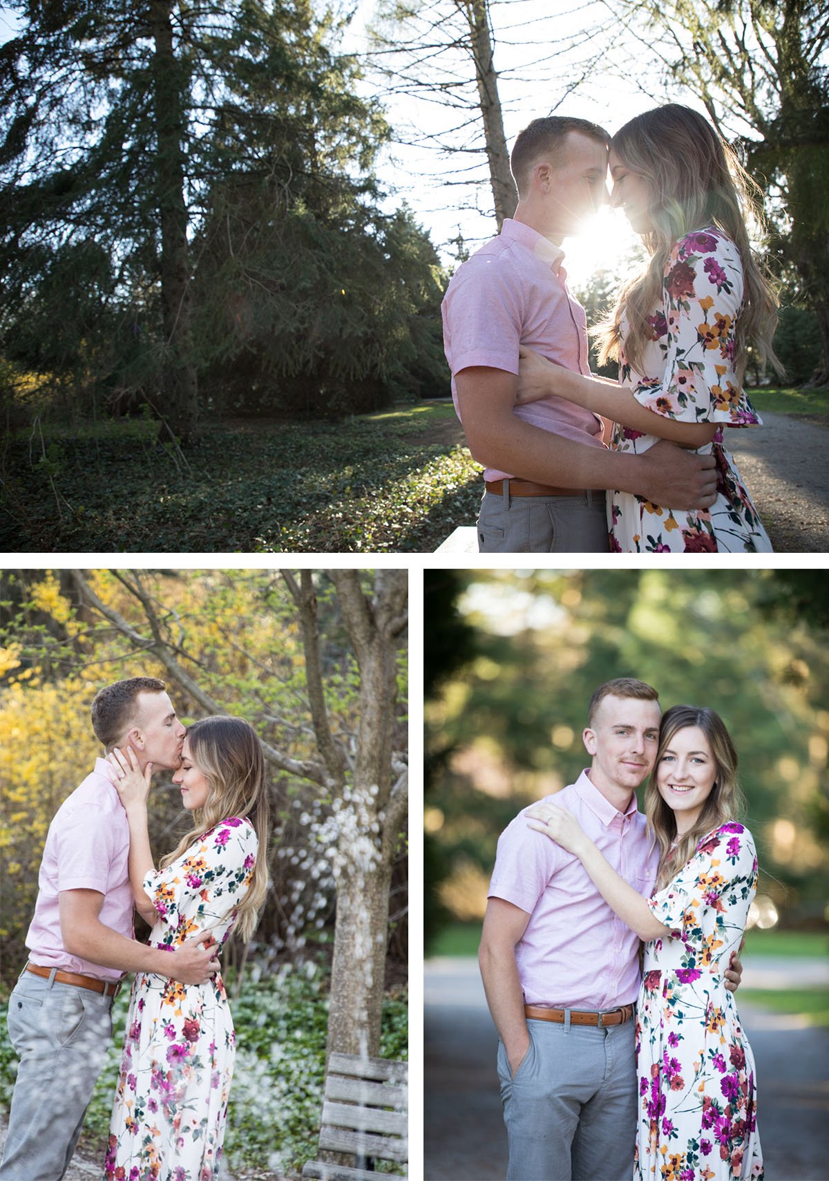 Three photos of a young couple romantically posing outdoors in a park during daytime. The couple has light skin and light brown hair. In the first photo, they are close, touching foreheads, with the sun behind them creating a backlit effect. In the s